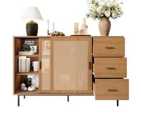 Senmate Sideboard con Ante in Vimini, Credenza con 2 Ante Scorrevoli e 3 Cassetti, Mobile Soggiorno Stile Country con Ripiani Regolabili, per Sala da Pranzo e Ingresso (B140/H91/T37 cm)