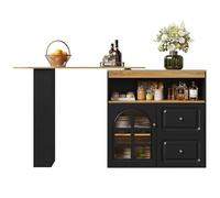 Senmate Tavolo Bar Estensibile Rotazione 360°, Mobile Cucina Moderno con Ripiani e Vetro, Credenza con 4 Cassetti, Scaffali Aperti e Porta in Vetro (Black, 138-204x39x104 cm)