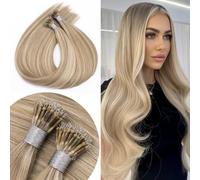 Senmy Extension per capelli con nano perline, biondo evidenziato, 35,6 cm, con nano anello, 1 g/ciocca, 50 g, extension con nanobeads invisibili, lisce e setose, per donne