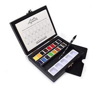 Sennelier La Petite Aquarelle Travel Watercolor Set, Black Wood Case, Student Grade, Includes 16 Half Pan Colors, Paper Pad, Mini Brush Size 4 (10-131686-00)