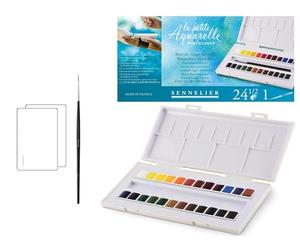 Sennelier Scatola di pittura acquerello in plastica, 24 colori + pennello e 2 cartoline acquerelli, Francia