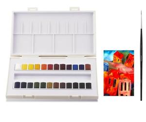 Sennelier - Set di 24 acquerelli in Scatola .Sennelier Plastic Watercolor Paint Box + pennello e 1 cartolina acquerello, Made in France