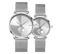 SENRUD Coppia di orologi ultra sottili e semplici per coppie, per lui e per lei, in acciaio inox, con cinturino a rete, set regalo per uomini e donne, orologi al quarzo, bianco, Semplice