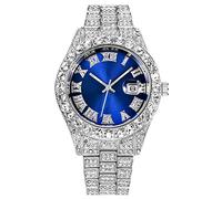 SENRUD Orologio analogico al quarzo da uomo, con strass e strass, colore: blu argento, orologio analogico, blu argento, Orologio analogico