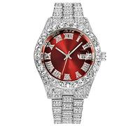 SENRUD Orologio da polso da uomo, con strass, al quarzo, analogico, con strass, Argento rosso, Orologio analogico