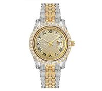 SENRUD Orologio da polso da uomo, con strass, al quarzo, analogico, con strass, Due toni/oro