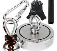 Sensei Kit 500 kg, Magnete a Doppia Faccia al Neodimio N52 con Due Occhielli, Ø11,6 x H3 cm, Corda da Pesca 25 m, Guanti Protettivi + Accessori, Kit di Magneti per la Ricerca e la Pesca