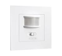 Sensore da incasso Move Vi bianco con rilevamento a infrarossi. Portata 9 m e angolo di 160°. IP20, dimensioni 8,2 x 8,2 x 5 cm, taglio 7 x 7 cm. Consente di regolare il tempo e l'intensità della