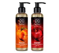 Sensual Massage Oil Set 2x200ml - Pesca e Ciliegia - Olio da massaggio commestibile e baciabile - Miscela di oli di mandorle e vinaccioli e macadamia - Olio per il corpo per lui e lei - per coppie