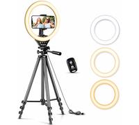 Sensyne - Lampada LED circolare da 25 cm, con treppiede estensibile da 125 cm, con supporto per telefono per streaming live, video su cosmetici, su YouTube, TikTok, per tutti i telefoni, colore: nero