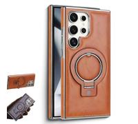 Sentiment Value Leather Phone Case, Business Magnetic Anti-Fall Bracket Protective Case, Leather Anti-Shock Mobile Phone Cases, for Samsung Galaxy S25 S24 S23 Series (Light Brown,S24 ULTRA)