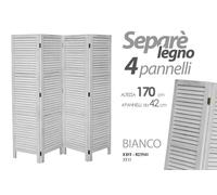 SEPARè PARAVENTO DIVISORIO BIANCO 4 PANNELLI LEGNO STILE PERSIANA 170168cm