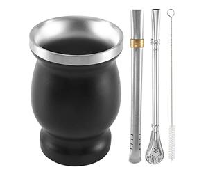 Seprendi Yerba Mate - Set di tazze da tè a doppia parete in acciaio , con 2 cannucce, cucchiaio e per la pulizia, 226,8 g, nero