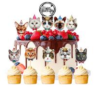 SEPSCO Decorazioni per torte a tema gatto, 11 pezzi, decorazione per cupcake con scritta "Happy Birthday", personalizzabili, per feste a tema, riutilizzabili, per animali domestici, compleanni