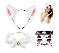 SEPWGUMD Set costume da gatto da donna, fascia bianca con orecchie da gatto, collare con campanellino e adesivi per tatuaggi, ideale per Halloween, carnevale, cosplay, San Valentino, feste e regali