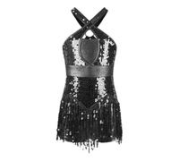 Sequins Fringe Latin Dance Leotard Dress Tassels Jazz Tango Salsa Samba Rumba Performance Costume Dancewear(Black2,16)