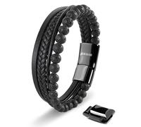 SERASAR Braccialetto Uomo Pietre Lavica Pelle Nera Bracciale Ragazzo 17cm Cuoio Naturale Multistrato Regalo Gioielli Compleanno Festa del Papà