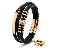 SERASAR Regalo Uomo Braccialetto Uomo 23cm Oro Bracciale Pelle Cuoio Regolabile Magnetico Inox Bracciali Braccialetti Perline Bracialetto Cinturino Braciale Bambino Bracelet Braciale Nere Accessori