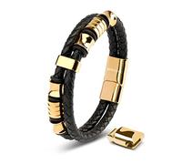 SERASAR Regalo Uomo Braccialetto Uomo 23cm Oro Bracciale Pelle Cuoio Regolabile Magnetico Inox Bracciali Braccialetti Perline Bracialetto Cinturino Braciale Bambino Bracelet Braciale Nere Accessori