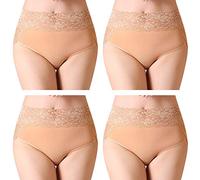 Serecofo Donna Slip in Pizzo Pacco da 4 Vita Alta in Cotone Ultra Morbido ed Elastico Maxi Comfort (IT 40-42 : Vita 70-78cm, 4 Beige)