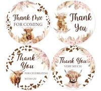 Serencatcher 10 fogli di adesivi di ringraziamento con mucca delle Highland Cow, a tema mucca delle Highlands, bohémien, floreale, Thank You for Celebrating with Us, etichette per baby shower