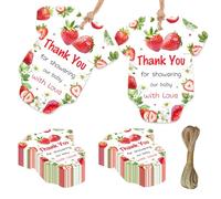 Serencatcher 50 etichette di ringraziamento alla fragola, grazie per la doccia del nostro bambino con biglietti d'amore con corda per frutta fragola a tema baby shower rivelazione di genere bomboniere