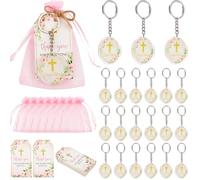 Serencatcher Bomboniere per feste di battesimo, rosa, 24 portachiavi floreali cristiani in acrilico con biglietti di ringraziamento, sacchetti in organza per battesimo, Dio benedica la prima comunione