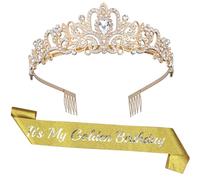 Serencatcher Decorazioni dorate per feste di compleanno, It's My Golden Birthday Sash e Tiara Crown Set Gold Glitter Satin Sash e strass corona per donne ragazze oro Bday bomboniere decorazioni regali
