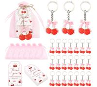 Serencatcher Set di 24 bomboniere a forma di ciliegia, decorazioni per feste, con ciliegie, fiocco, portachiavi, etichette di ringraziamento, sacchetti di organza rosa, regali per ospiti, compleanni