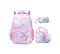 SerendipitousWhisper 3 Pezzi Rosa Zaino da bambina Set di zaini Poliestere | con Borsa Termica Astucci Matite Spallacci regolabili Ergonomico Borsa resistente per 5a-6a Elementare