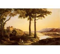 SERENDIPITP Astratta Della Poster Stampe su Tela Pittura su Tela Figure in un vasto paesaggio fluviale con un castello oltre Francisque Jean Schaeffer-berger per Decorazioni per la Casa 60x90cm