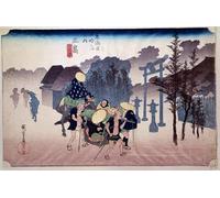 SERENDIPITP Dipinto su Tela Immagine Pittura Quadri Stampe il Tokaido Staffetta Viaggiatori che picchiano davanti a un tempio Shiuto di Utagawa Hiroshige per Decorazioni per la Casa 60x90cm