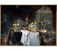 SERENDIPITP Dipinto su Tela Immagine Pittura Quadri Stampe un dessert da tavolo Still Life coperto di piatti con strumento musicale di Jan Davidsz De Heem per Decorazioni per la Casa 60x90cm