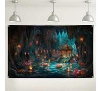 Serene Cave Oasis sfondo, lanterna tranquilla decorazione da giardino, sfondo mistico per interni ed esterni, per eventi, feste a tema festival, 180 x 109 cm