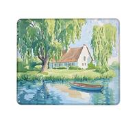 Serene Cottage Scene - Tappetino per mouse da scrivania, con paesaggio ad acquerello verde e blu, bordo cucito, in gomma, antiscivolo, lavabile, per ufficio, casa e uso professionale, quadrato, 20 x