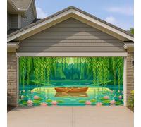Serene Nature Copertura per porta del garage, scena verde tranquilla del lago con barca e fiori, decorazione per la casa all'aperto per primavera ed estate, 400 x 180 cm