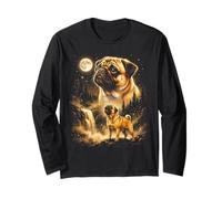 Serene Pug Dog Moonlit Forest Cascata Canine Art Maglia a Manica