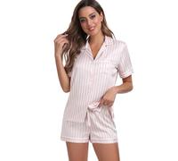 Serenedelicacy Pigiama da Donna in Raso, Set da 2 Pezzi, Abbigliamento da Notte con Bottoni, a Maniche Corte, Rosa Chiaro/Avorio, a Righe, M