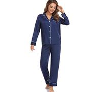 Serenedelicacy Pigiama da donna in raso setoso, con bottoni a maniche lunghe, Blu navy, XS