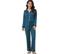 Serenedelicacy Set pigiama da donna in raso, 2 pezzi, biancheria da notte, loungewear a maniche lunghe, con bottoni in seta, Verde/un tocco di paradiso (Trace Of Paradise), L