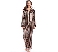 Serenedelicacy Women's Satin Pajama Set Long Sleeve Button Down Sleepwear 2-Piece Striped Silky Pj Set (Small, Black/Brown, Stripe)