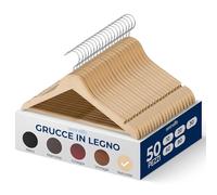 SereneLife Grucce Appendiabiti in Legno Massiccio, Stampelle Armadio Resistenti, Set da 50 Appendiabiti con Gancio Girevole a 360°, Design con Incavi, Colore Naturale
