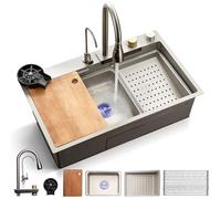 SereneLife Lavello Cucina 1 Vasca in Acciaio Inox Grigio 75x46x22 cm, Lavandino Cucina con Scolapiatti, Cestello, Vassoio, Tagliere e Portabicchiere