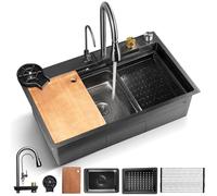 SereneLife Lavello Cucina 1 Vasca in Acciaio Inox Nero 75x46x22 cm, Lavandino Cucina con Scolapiatti, Cestello Filtro, Vassoio e Tagliere