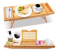 SereneLife Mensola per vasca da bagno in bambù, 2 in 1, da letto, estensibile, 75-108 cm, regolabile in altezza, pieghevole, con robusto supporto per libri e tablet