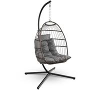 SereneLife Sedia a Dondolo a Uovo con Supporto, Capacità Fino a 250 Kg, Sedia Sospesa Poltrona a Dondolo in Rattan con Struttura in Acciaio Verniciato a Polvere per Casa e Giardino con Cuscino