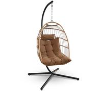 SereneLife Sedia a uovo pieghevole, in rattan, con supporto, cuscino impermeabile e poggiatesta, per interni ed esterni, giardino, veranda, camera da letto, salotto, colore: marrone