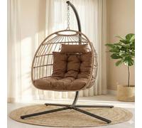 SereneLife Sedia a uovo sospesa con supporto, sedia a dondolo in vimini e rattan, struttura in acciaio verniciato a polvere, cuscino imbottito e poggiatesta, ideale per camera da letto, patio, cortile