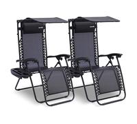 SereneLife Set 2 Sedia Sdraio Reclinabile con Tettuccio Regolabile, Sedia Giardino Pieghevole con Vassoio Laterale, Portabicchieri, Poggiatesta Rimovibili, per Esterno, Campeggio, Spiaggia, Nero
