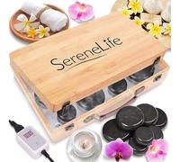 SereneLife Set Riscaldatore Pietre Massaggio - Massaggiatore Spa Portatile con Pietre Basalto e Kit Riscaldante - Kit Massaggiatore con 12 Pietre Grandi/Piccole Nere e Custodia Bambù